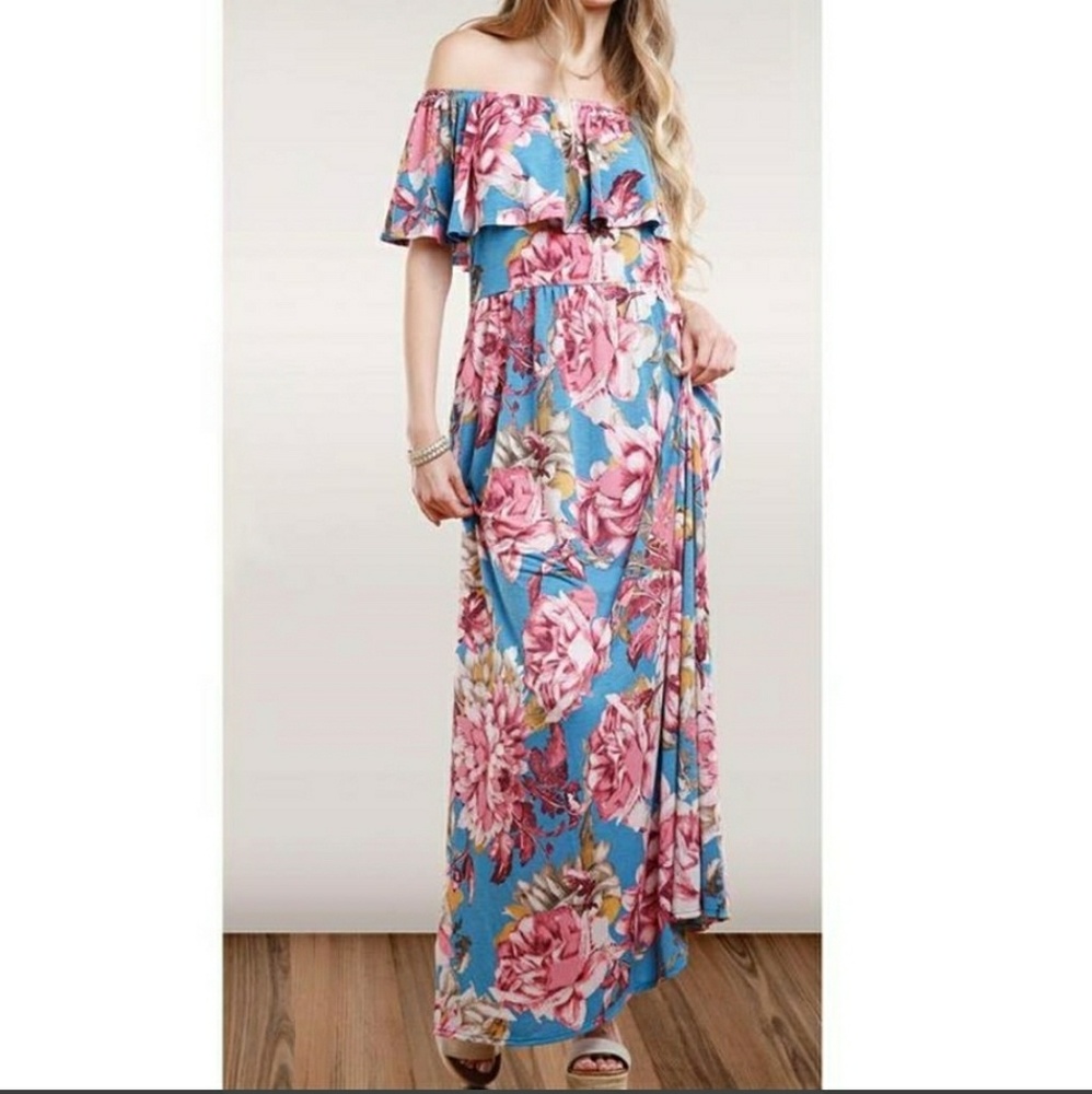 FLORAL OFF THE SHOULDER MAXI DRESS- BLUE MIX